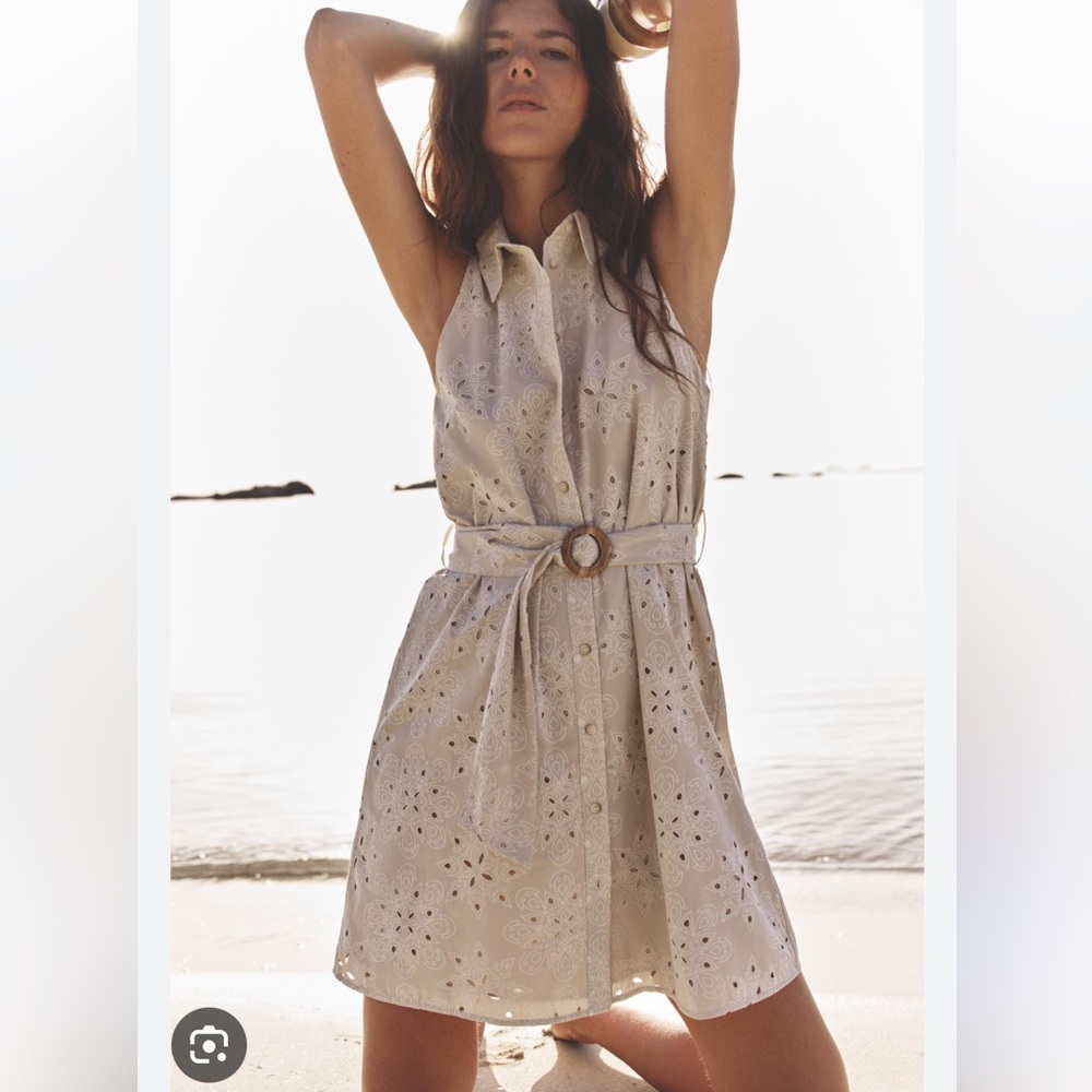 Sleeveless Eyelet Shirt Dress with Belt - Cream